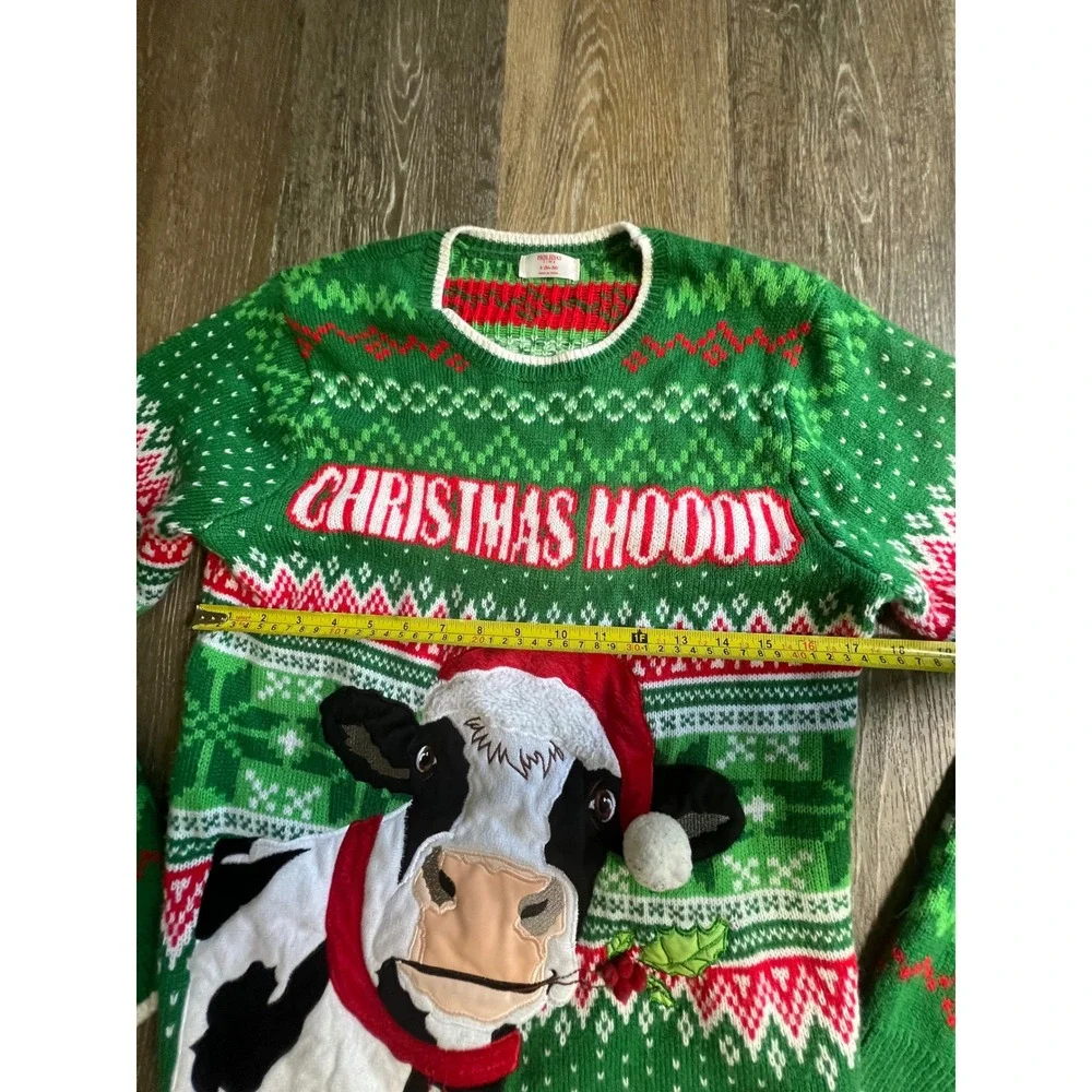 Holiday Time Cow Christmas Moood Sweater Mens Small Green Excellent Cowbell Knit